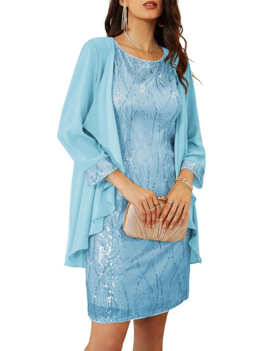 Women's Aqua Blue Summer Two Piece 3/4 Sleeve Chiffon Jacket Wedding Guest Dress